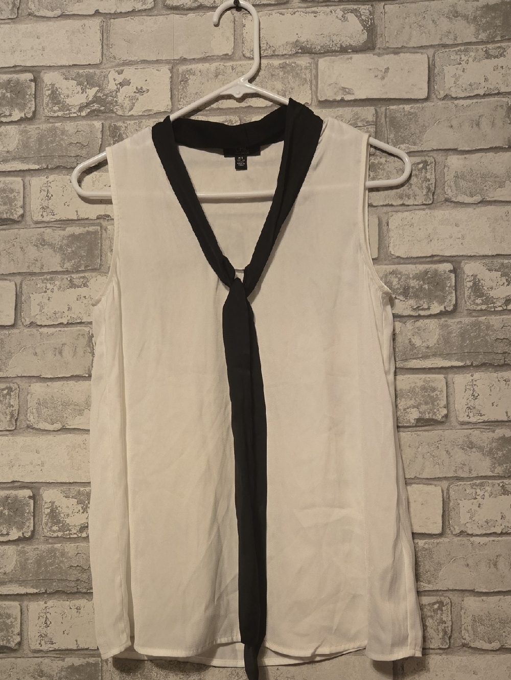 Sleeveless White Tie-Neck Camisole with Black Contrast